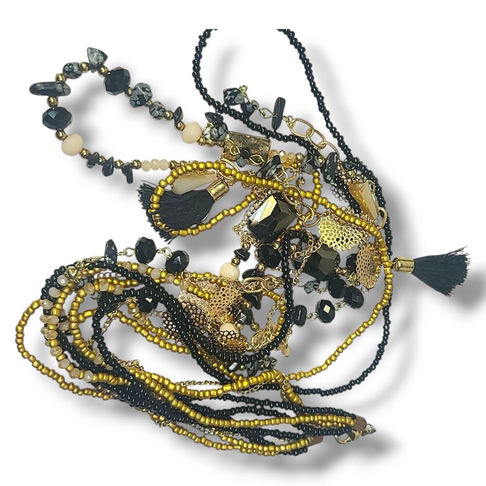 Black‎ & Gold Crystal & Stone Multi-strand Station Necklace 30"